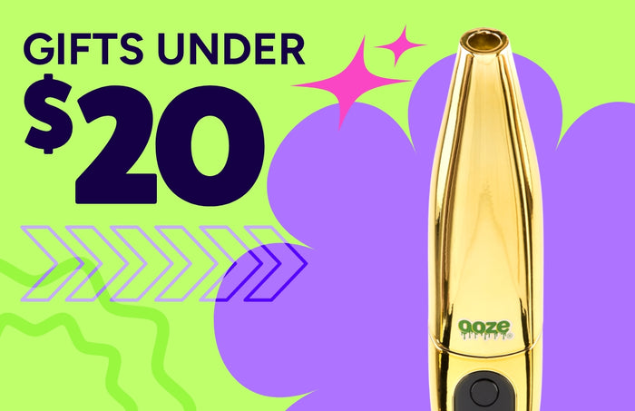 Gifts Under $20 promo graphic showing a gold Ooze Peel banana battery