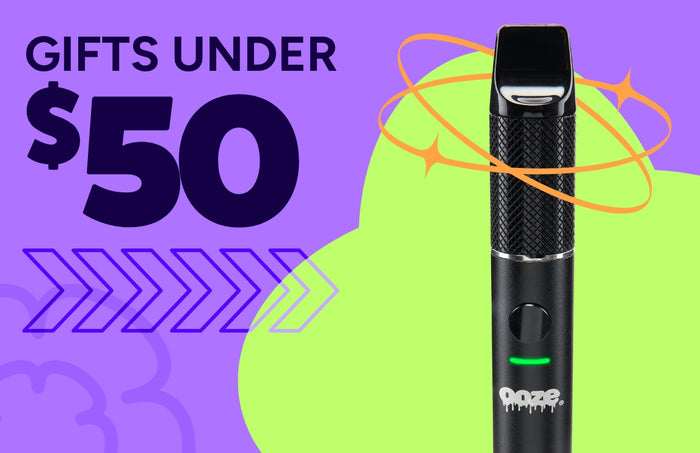 Gifts Under $50 promo graphic showing a black Ooze Beacon dab pen against a green and purple background