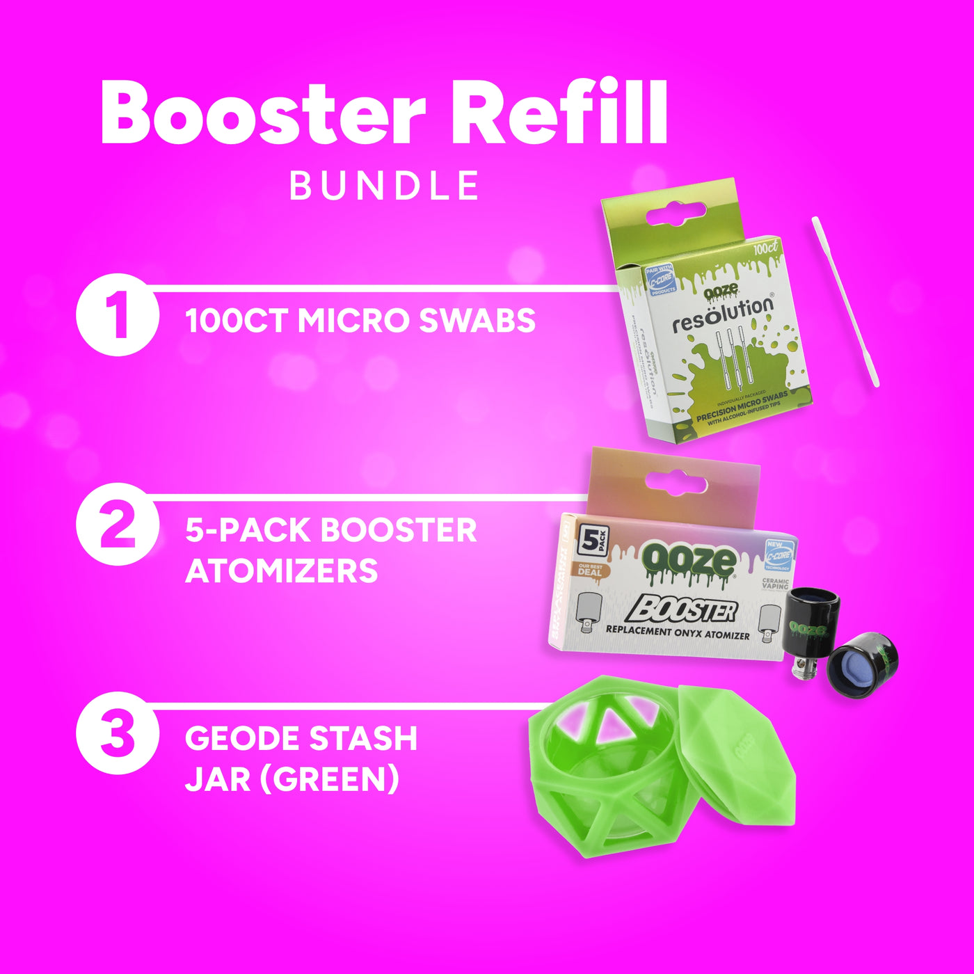 Ooze Booster Refill Bundle with micro swabs, booster atomizers, and a green stash jar on a pink background.