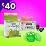 Ooze product packaging with 'resolution' and 'Booster' on a green and pink gradient background.