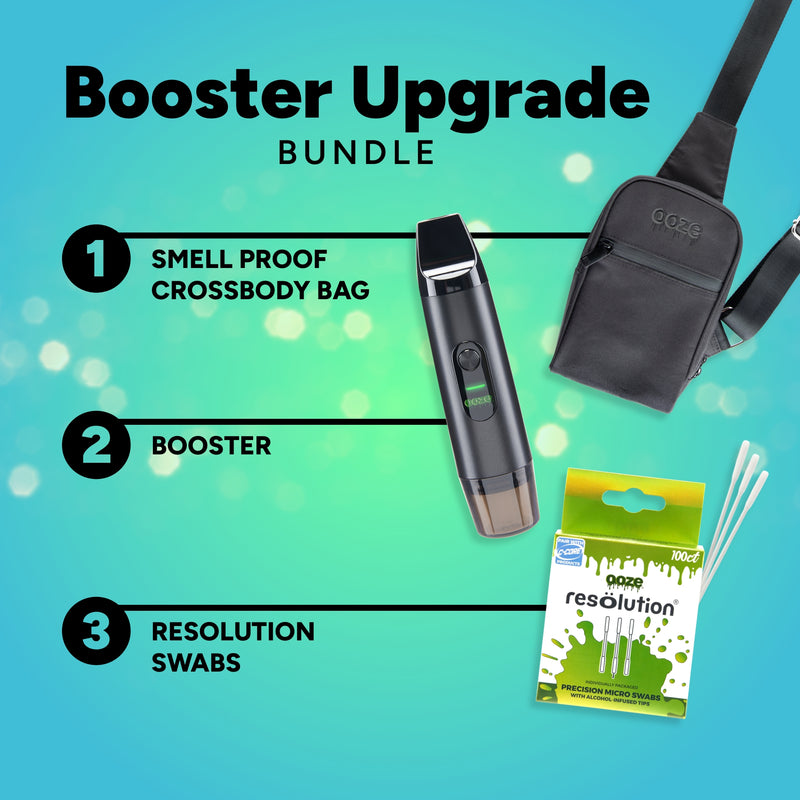 Booster Upgrade Bundle with smell proof crossbody bag, booster, and resolution swabs on a gradient blue background.