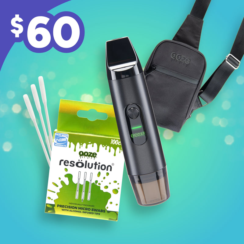 Black Ooze Booster, crossbody bag and 100ct micro swabs on a blue background with price tag of $60 