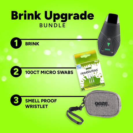 Brink Upgrade Bundle with Brink device, 100ct micro swabs, and Ooze smell proof wristlet on a green background.