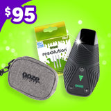 Ooze Brink dry herb device, carrying case, and resolution micro swabs packaging on a green background with a $95 price tag.