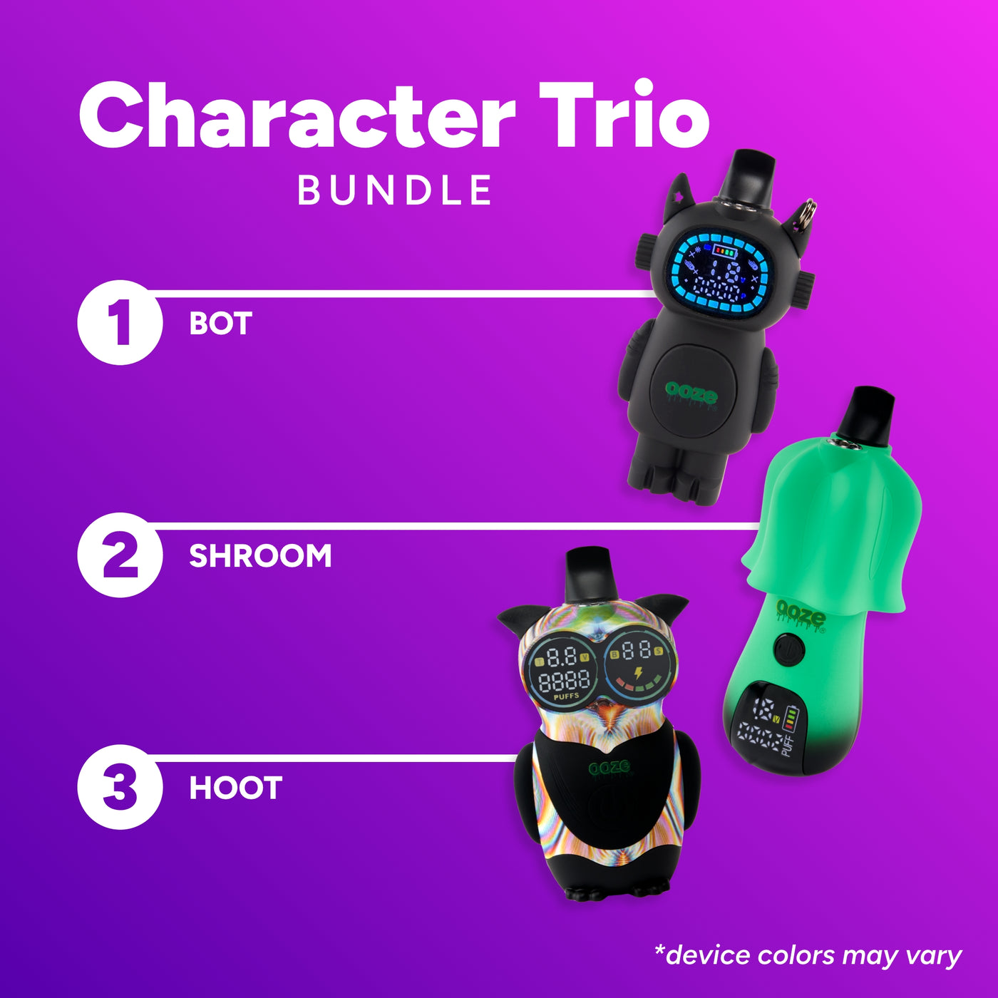 Three electronic devices labeled 'BOT', 'SHROOM', and 'HOOT' on a purple background with text indicating a 'Character Trio Bundle'.