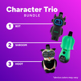 Three electronic devices labeled 'BOT', 'SHROOM', and 'HOOT' on a purple background with text indicating a 'Character Trio Bundle'.