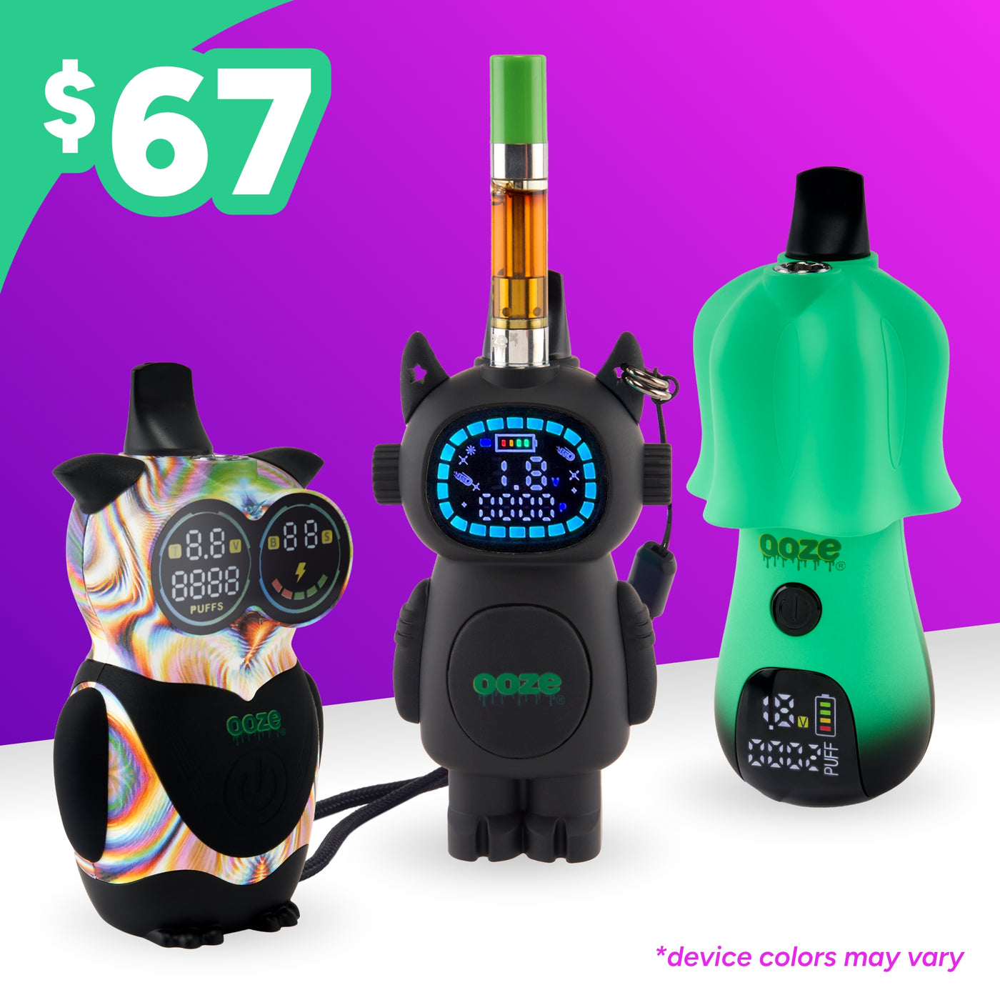 Three colorful Ooze character vape devices with digital displays on a white surface against a purple background.