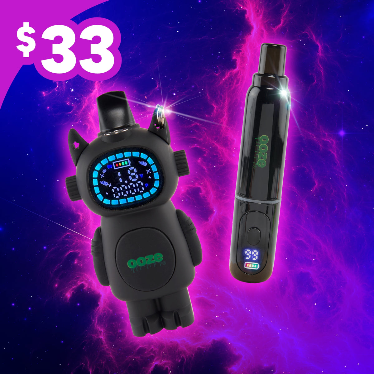 Two black Ooze 510 devices on a cosmic purple and pink background with a price tag of $33.