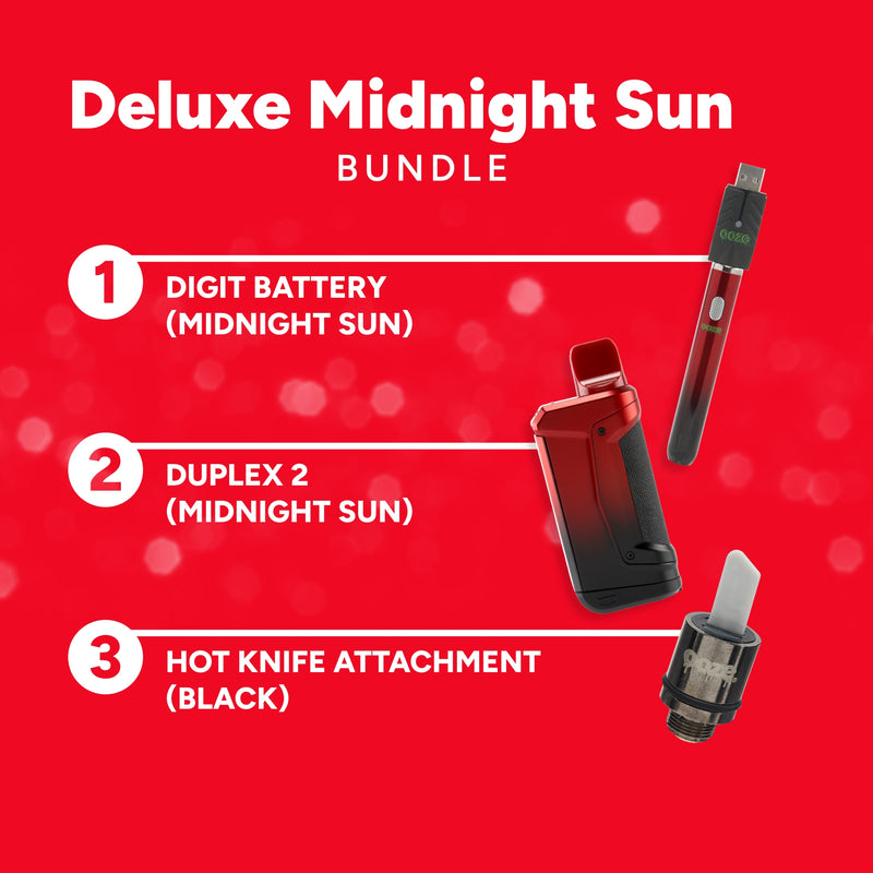 Promotional graphic for 'Deluxe Midnight Sun Bundle' with product list and images on a red background.