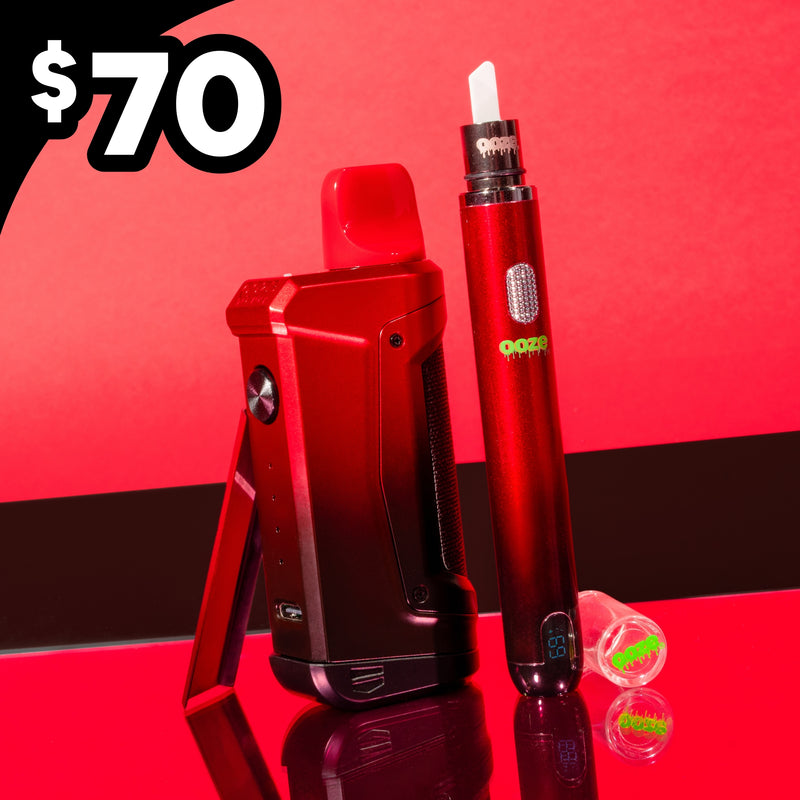 Two midnight sun Ooze devices with a price tag of $70 on a reflective surface with a red and black background.