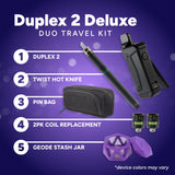 Duplex 2 Deluxe Duo Travel Kit with Duplex 2, Twist Hot Knife, Pin Bag, Coil Replacement, and Geode Stash Jar on a purple background.