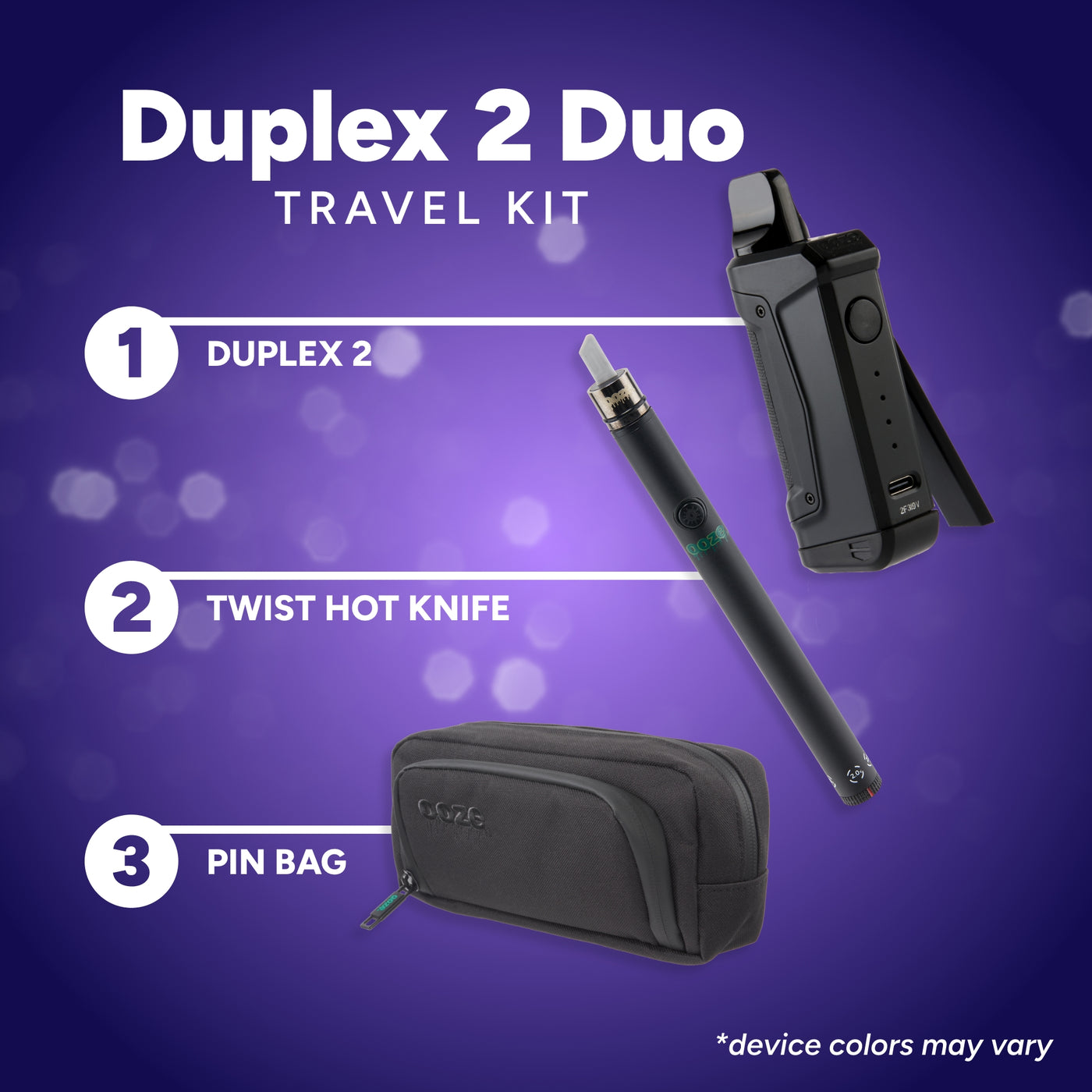 Duplex 2 Duo travel kit with Duplex 2, Twist Hot Knife, and pin bag on a purple background