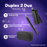 Duplex 2 Duo travel kit with Duplex 2, Twist Hot Knife, and pin bag on a purple background