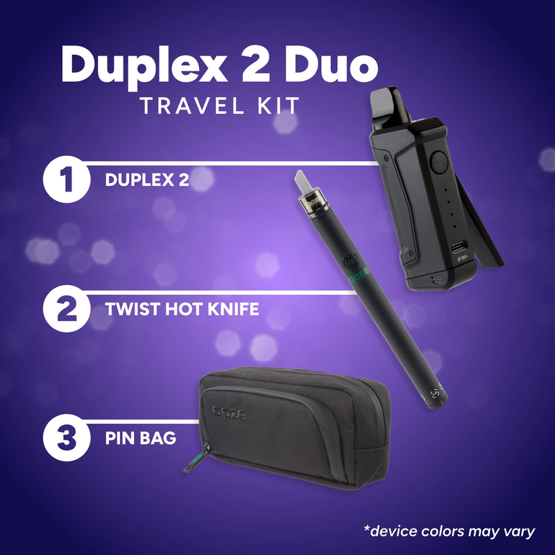 Duplex 2 Duo travel kit with Duplex 2, Twist Hot Knife, and pin bag on a purple background