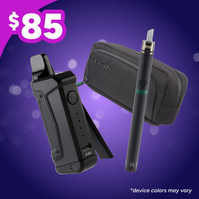 Black Duplex 2, twist hot knife and travel pouch on a purple background with $85 price tag