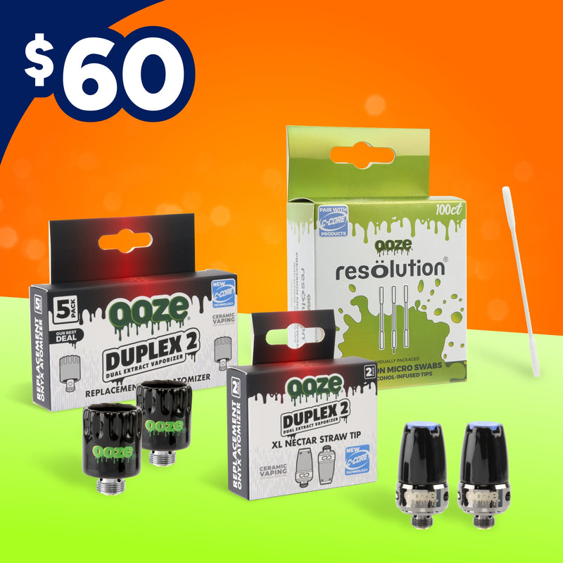 Ooze brand vape parts and packaging on a green and orange background with a $60 price tag.