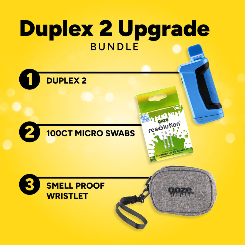 Duplex 2 Upgrade Bundle with Duplex 2, 100ct Micro Swabs, and Smell Proof Wristlet on a yellow background