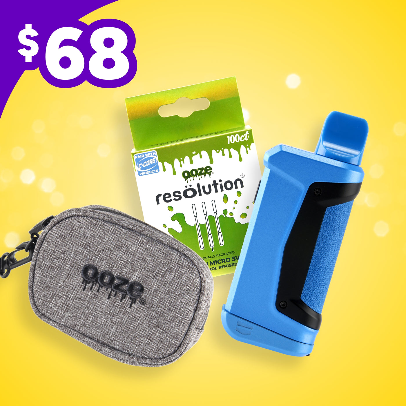 Ooze Duplex 2, gray case, and green packaging on a yellow background with a price tag of $68.