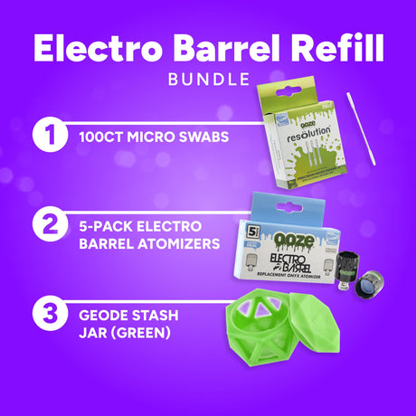Electro Barrel Refill Bundle with micro swabs, atomizers, and a green stash jar on a purple background.