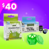 Ooze Micro Swab and Electro Barrel Onyx Atomizer packaging on a purple and green gradient background.