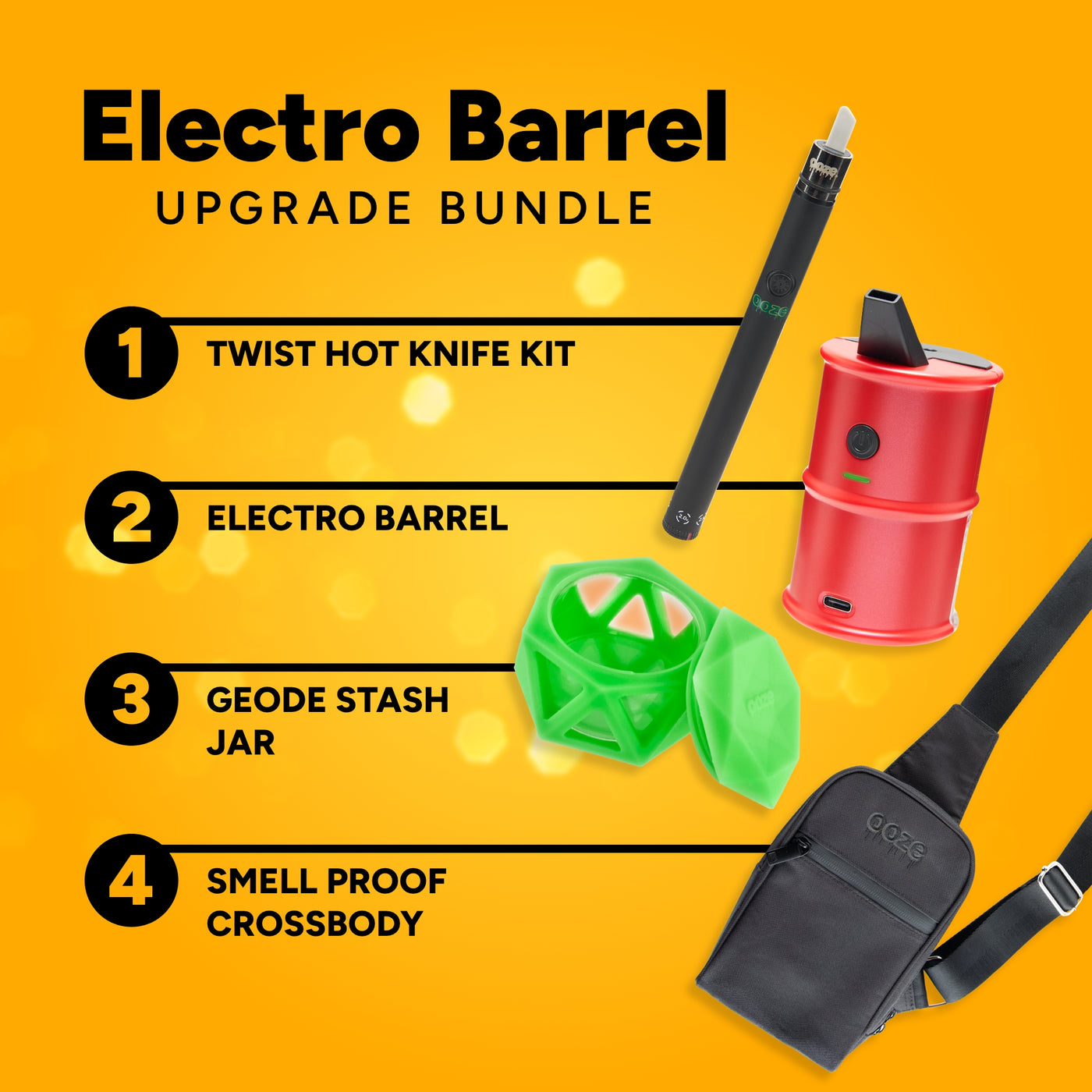 Electro Barrel upgrade bundle with twist hot knife kit, electro barrel, geode stash jar, and smell proof crossbody on a yellow background.