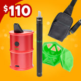 Red electro barrel, black Twist Hot knife, crossbody bag and green geode jar with $110 price tag on an orange background.