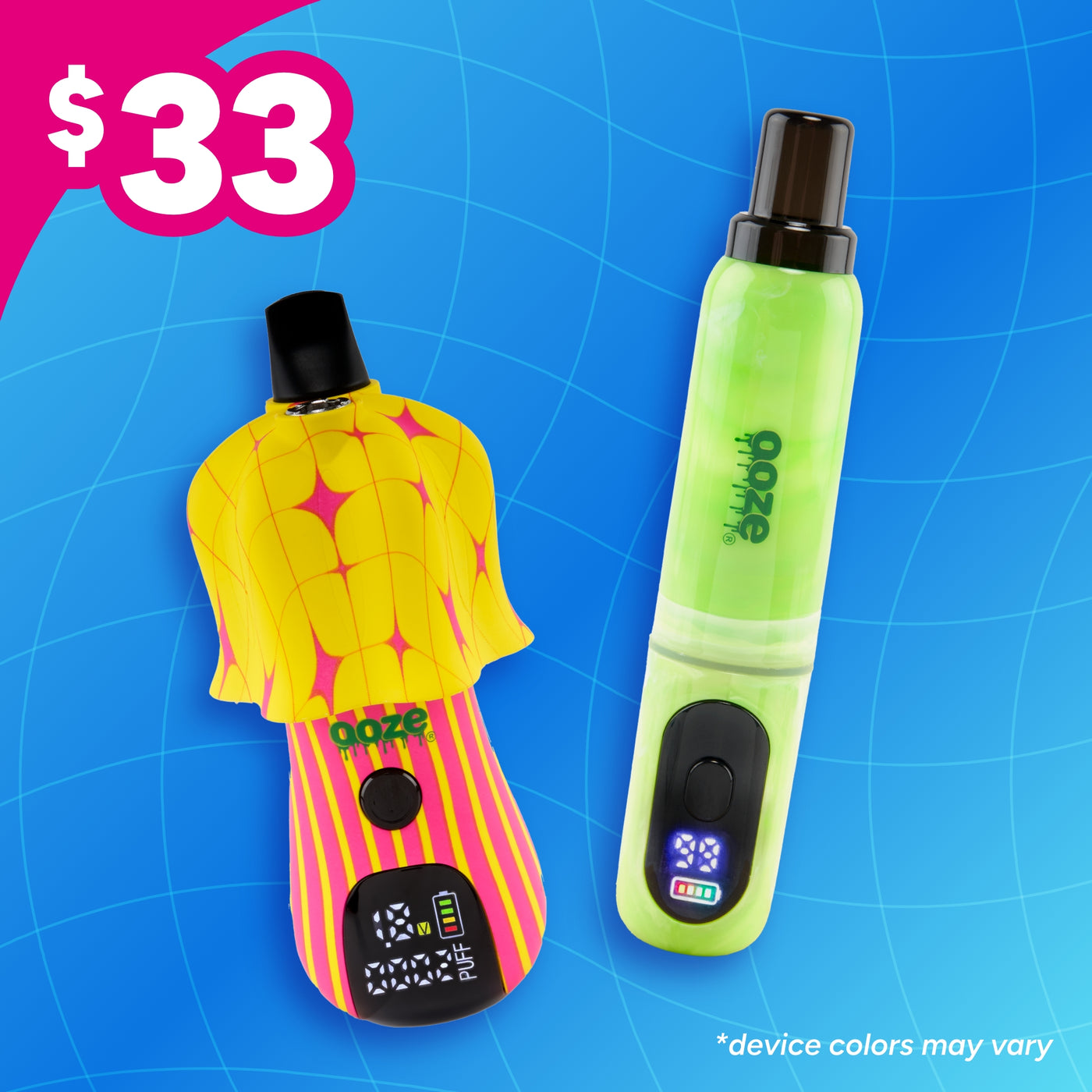 Colorful Shroom vape and green Hivo battery on a blue background with a price tag of $33 