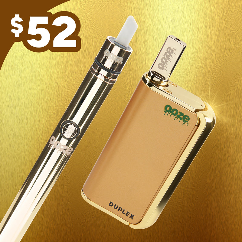 Two vaping devices on a gold background with 'Ooze' branding and a price tag of $52.