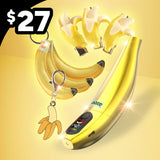 Gold Peel banana battery with a banana keychain, clips, and charm for $27 on a yellow background