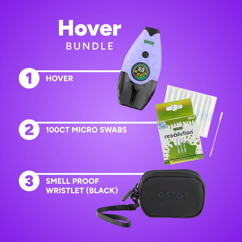 Gooze Hover Bundle with Hover device, 100ct micro swabs, and smell proof wristlet on a purple background