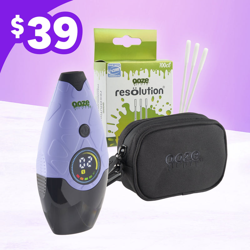 Ooze Hover vaping device, carrying case, and Resolution packaging on a purple background with a $39 price tag.