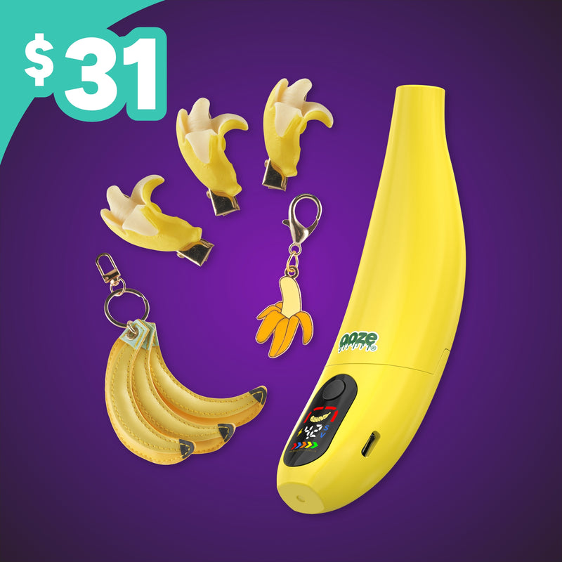 Banana-shaped clips and Peel banana battery with keychains and a $31 price tag on a purple background