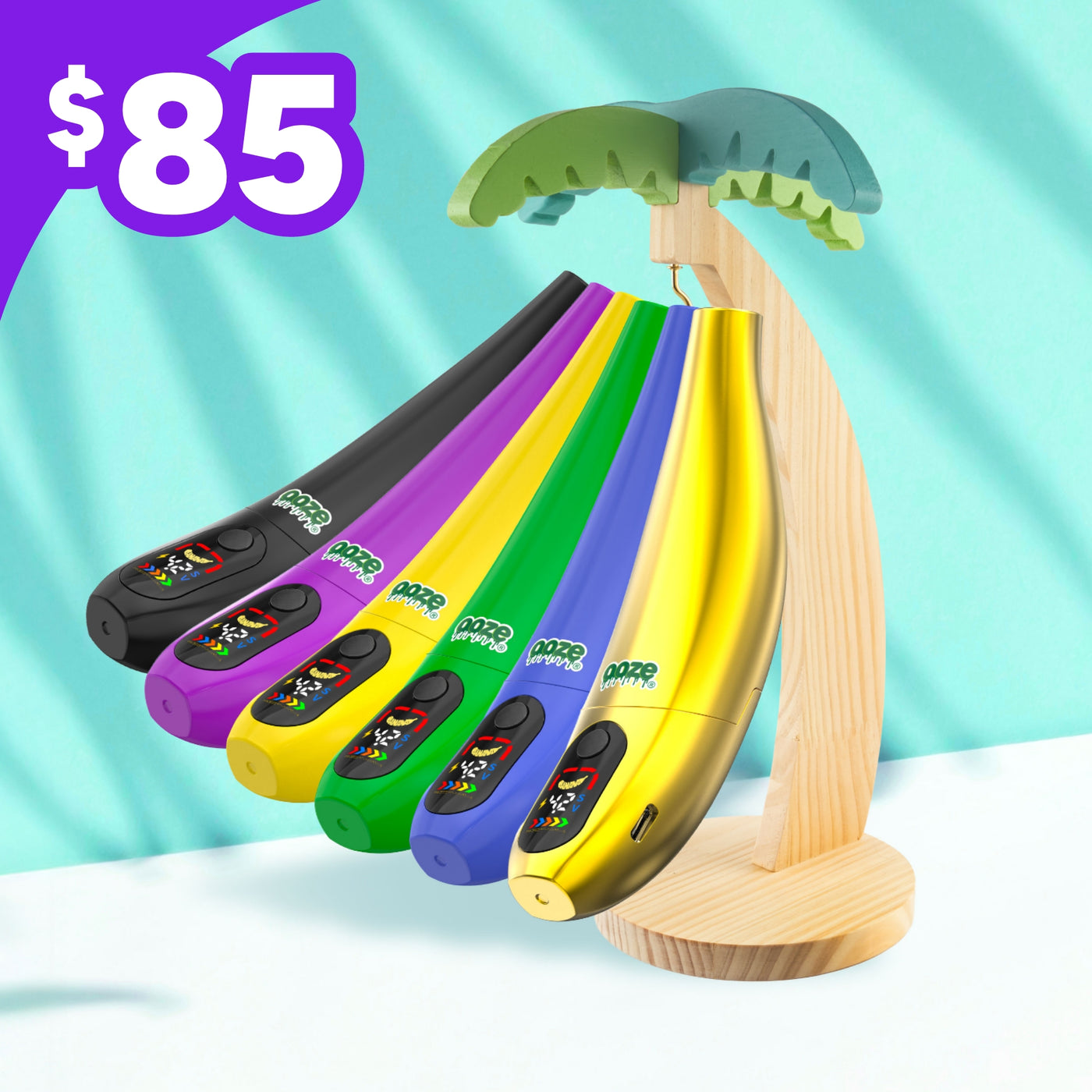 6 Peel banana batteries are hanging from a wooden palm tree stand with an $85 price tag