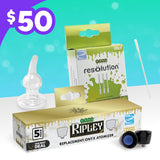 Ooze 5-pack Ripley parts and 100ct micro swabs with a $50 price tag on a teal background