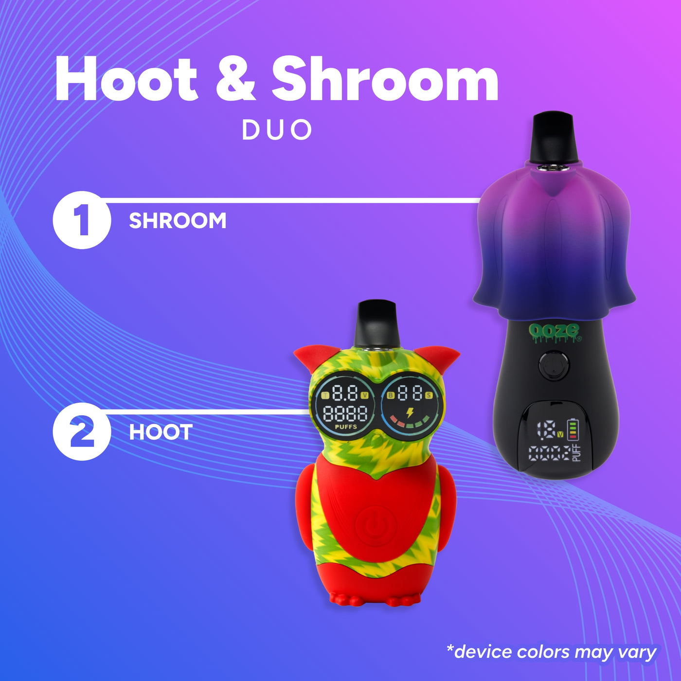 Two colorful devices labeled 'Shroom' and 'Hoot' on a purple background with 'Hoot & Shroom DUO' text.