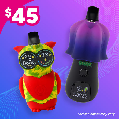 Hoot and Shroom vape devices on a purple background with a price tag of $45.