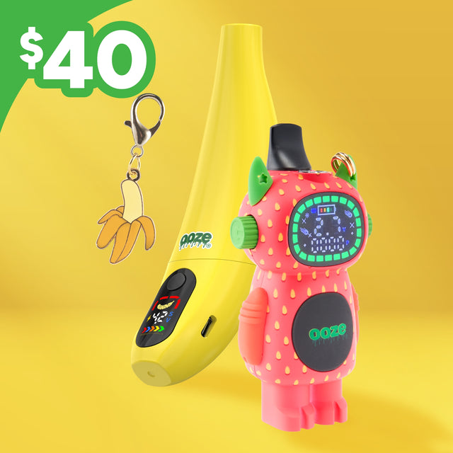 Peel banana battery, Strawberry bot, and banana key chain with $40 price tag on a yellow background.