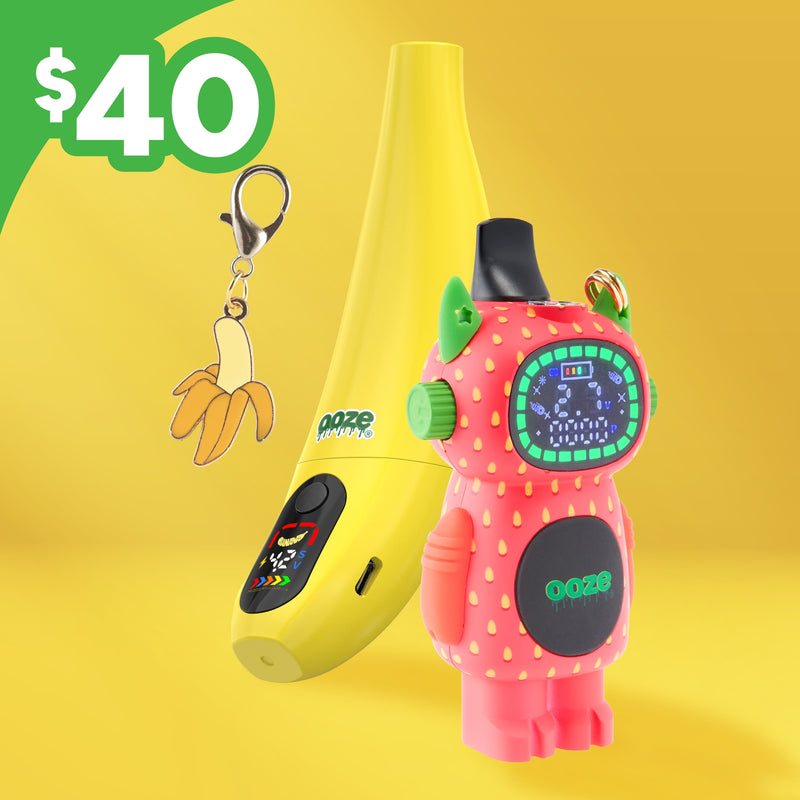 Peel banana battery, Strawberry bot, and banana key chain with $40 price tag on a yellow background.
