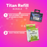 Titan Refill Bundle with Ooze Hercules Atomizer and Resolution micro swabs on a colorful background