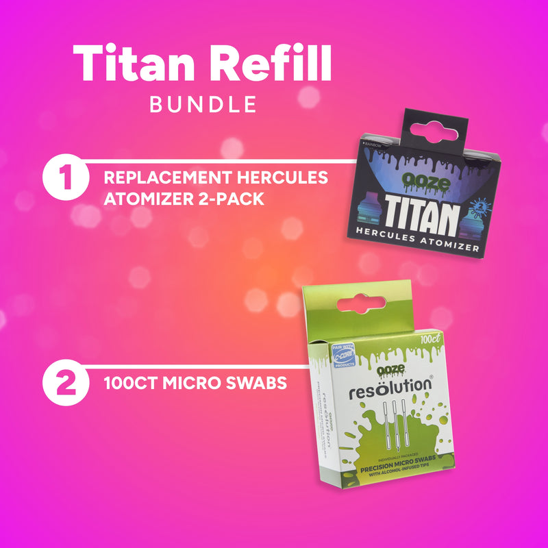 Titan Refill Bundle with Ooze Hercules Atomizer and Resolution micro swabs on a colorful background