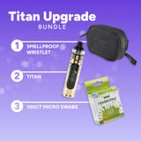 Titan Upgrade Bundle with smellproof wristlet, Titan device, and 100CT micro swabs on a purple background.