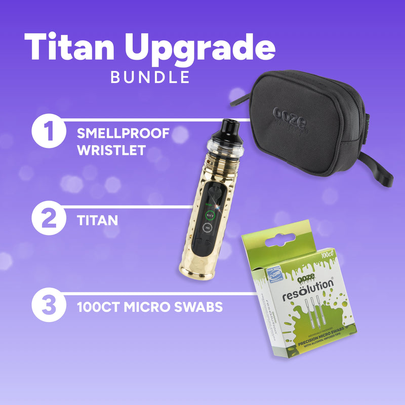 Titan Upgrade Bundle with smellproof wristlet, Titan device, and 100CT micro swabs on a purple background.