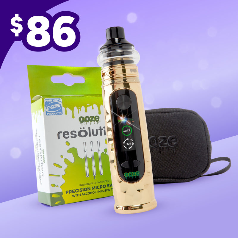 Gold TItan extract mod, 100ct micro swabs and black wristlet on a purple background with $86 price tag