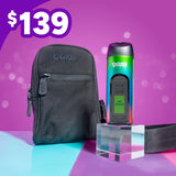 Ooze Verge dry herb device and carrying case on a colorful background with 'Ooze' branding.