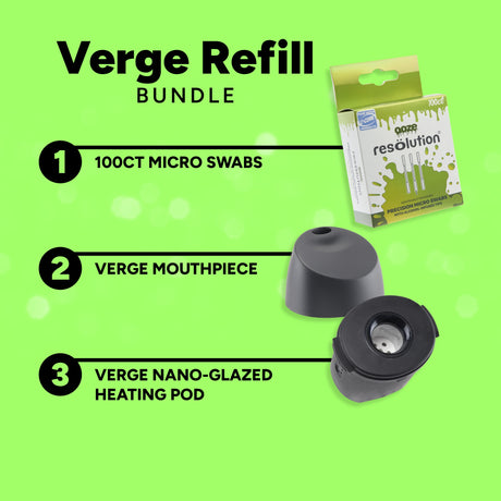 Verge Refill Bundle with micro swabs, mouthpiece, and heating pod on a green background
