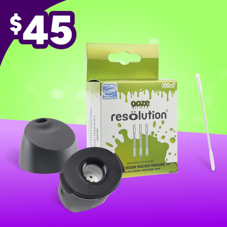 Verge mouthpiece and ceramic chamber with 100ct micro swabs on a purple and green gradient with a $45 price tag.