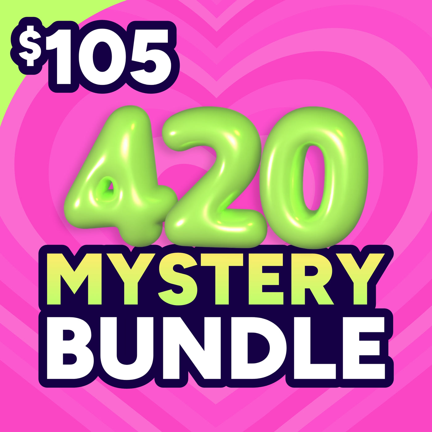 $105 420 Mystery Bundle with green bubble font and a bright pink background