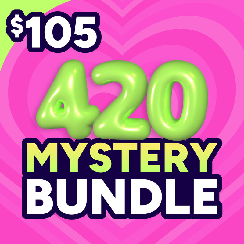 $105 420 Mystery Bundle with green bubble font and a bright pink background