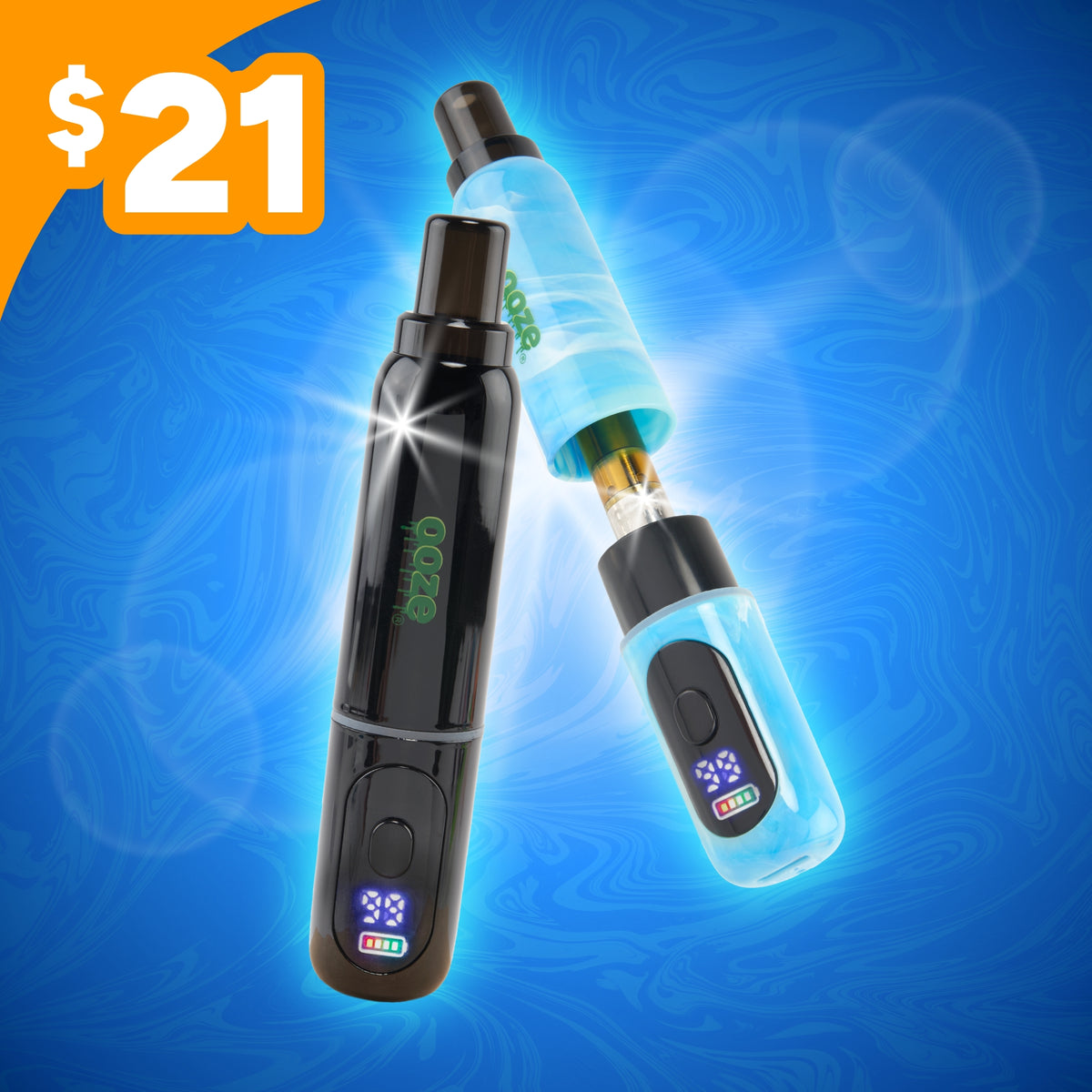 Blue and black Ooze Hivo batteries on a blue background with $21 price tag