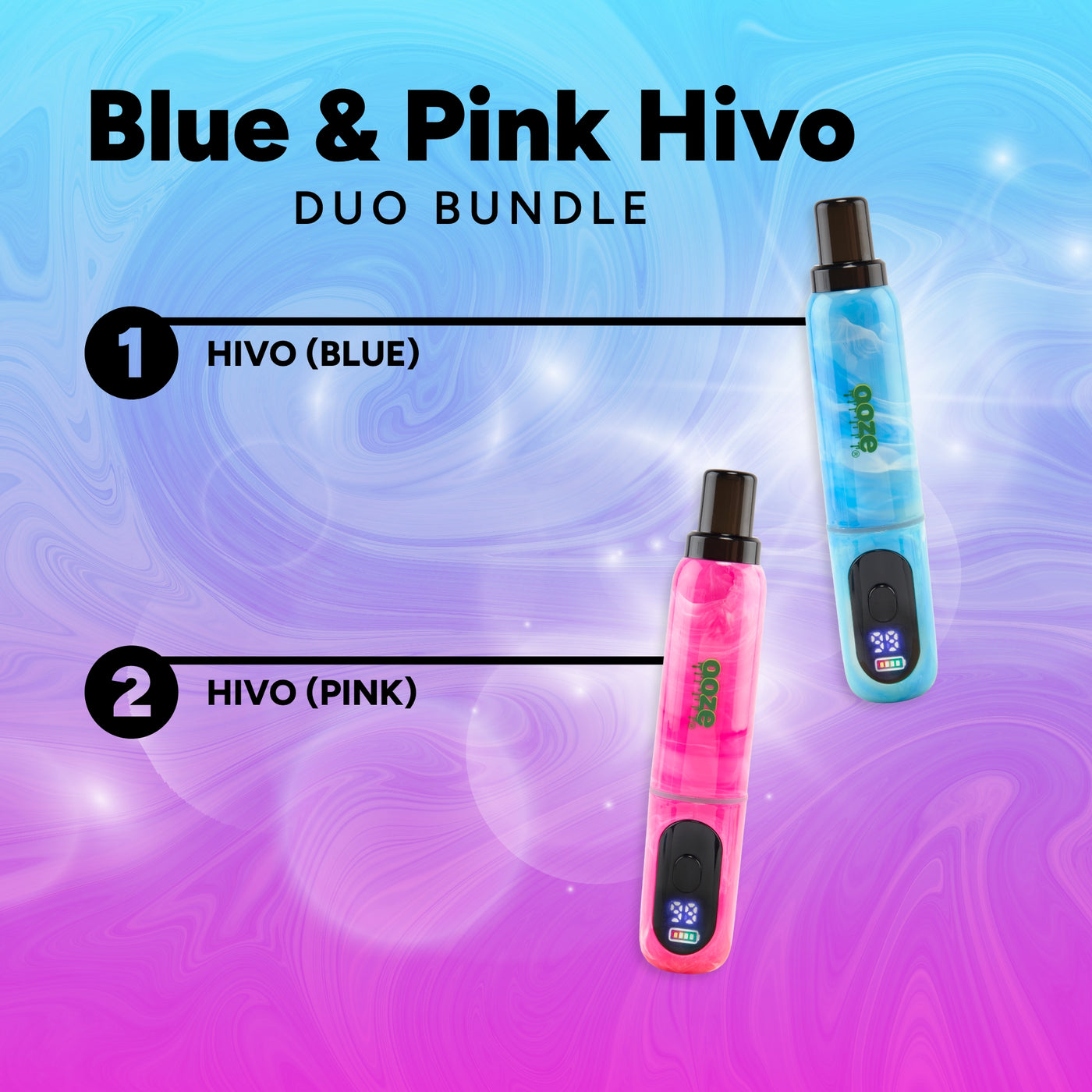 Blue and pink Hivo vape devices on a colorful swirling background